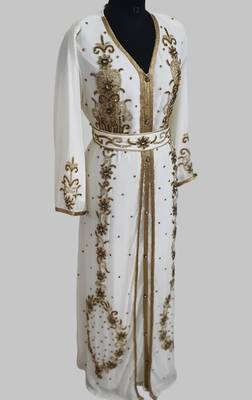 Off-White Goldan stone and  Beads  Moroccan Kaftan With hijab  2