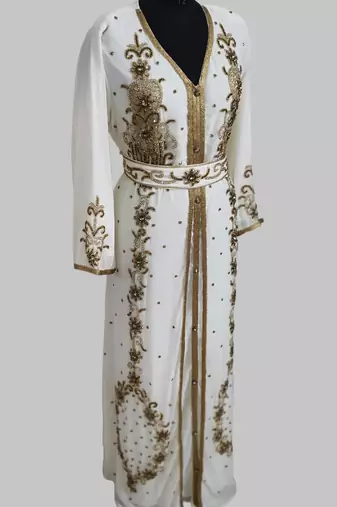 Off-White Goldan stone and  Beads  Moroccan Kaftan With hijab 