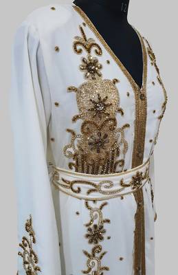 Off-White Goldan stone and  Beads  Moroccan Kaftan With hijab  3
