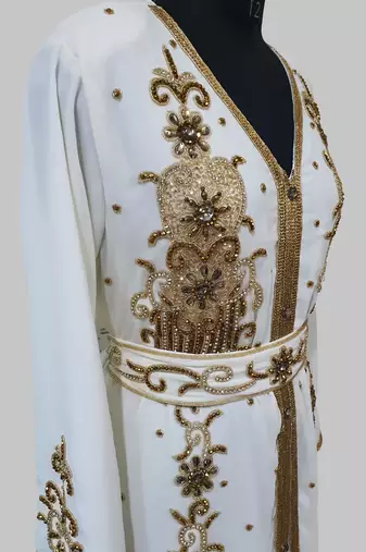 Off-White Goldan stone and  Beads  Moroccan Kaftan With hijab 