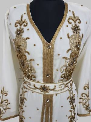 Off-White Goldan stone and  Beads  Moroccan Kaftan With hijab  4