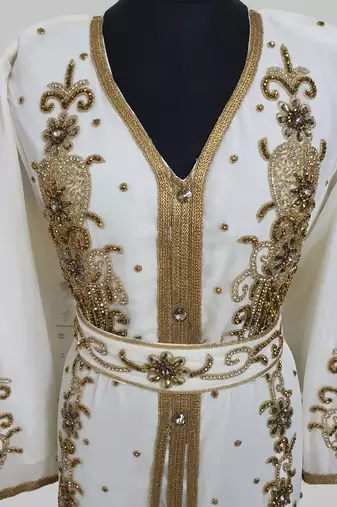 Off-White Goldan stone and  Beads  Moroccan Kaftan With hijab 
