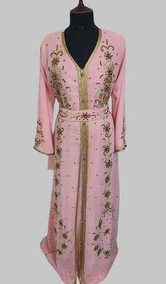 Peach Goldan stone and  Beads  Moroccan Kaftan With hijab  1
