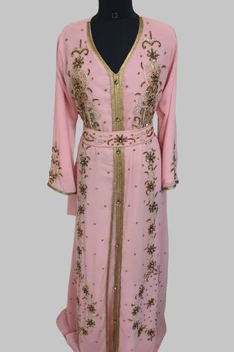Peach Goldan stone and  Beads  Moroccan Kaftan With hijab 