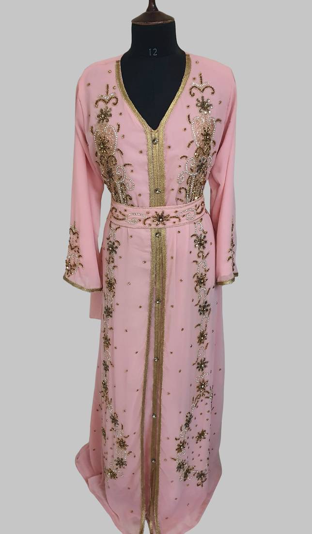Peach Goldan stone and  Beads  Moroccan Kaftan With hijab 