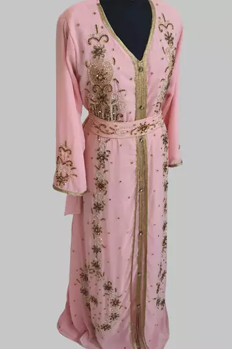 Peach Goldan stone and  Beads  Moroccan Kaftan With hijab 