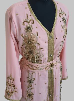 Peach Goldan stone and  Beads  Moroccan Kaftan With hijab  3