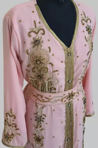 Peach Goldan stone and  Beads  Moroccan Kaftan With hijab 