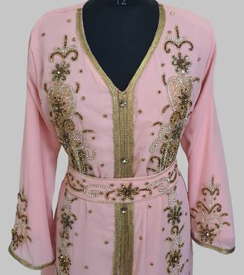 Peach Goldan stone and  Beads  Moroccan Kaftan With hijab  4