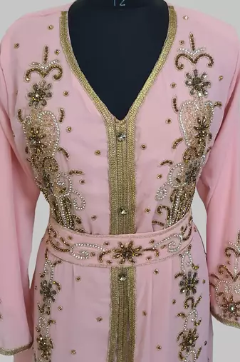 Peach Goldan stone and  Beads  Moroccan Kaftan With hijab 