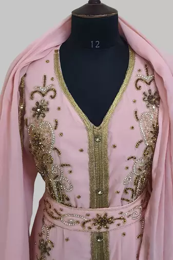 Peach Goldan stone and  Beads  Moroccan Kaftan With hijab 