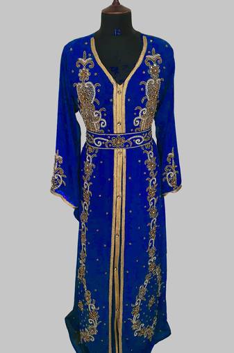 Royal Blue Goldan stone and  Beads  Moroccan Kaftan With hijab 