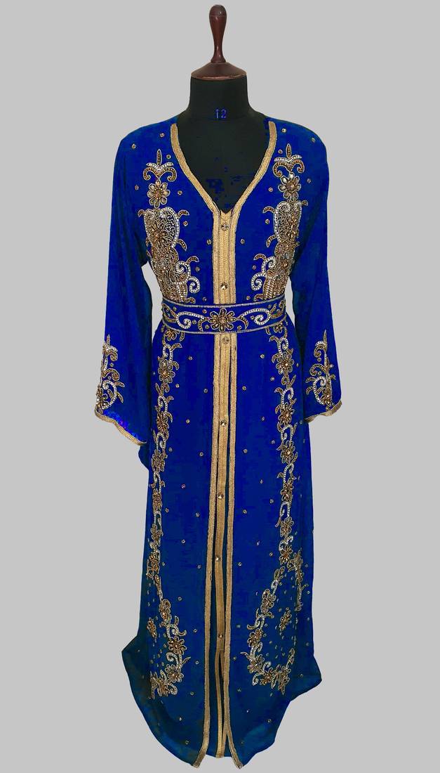 Royal Blue Goldan stone and  Beads  Moroccan Kaftan With hijab 