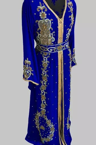 Royal Blue Goldan stone and  Beads  Moroccan Kaftan With hijab 