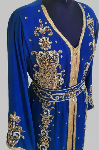 Royal Blue Goldan stone and  Beads  Moroccan Kaftan With hijab 