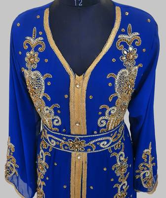 Royal Blue Goldan stone and  Beads  Moroccan Kaftan With hijab  4