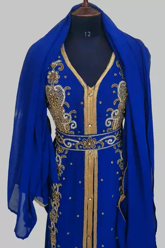 Royal Blue Goldan stone and  Beads  Moroccan Kaftan With hijab 