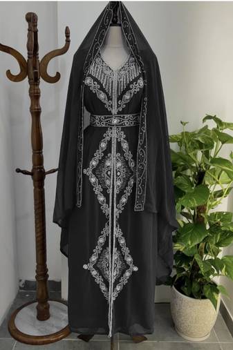  Black Silver stone and  Beads  Moroccan Kaftan With hijab 