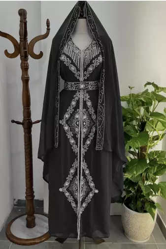  Black Silver stone and  Beads  Moroccan Kaftan With hijab 