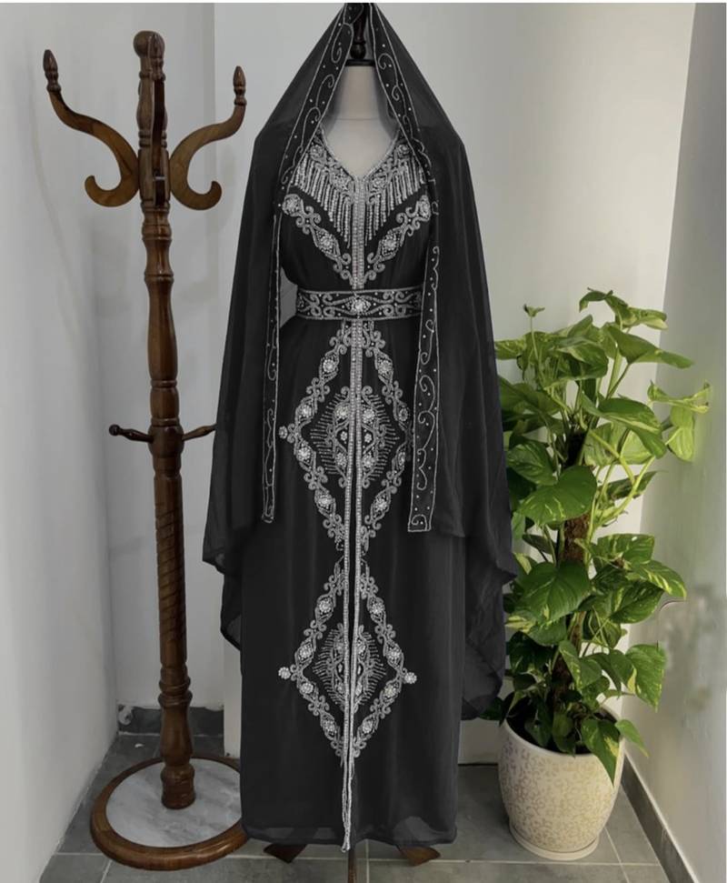  Black Silver stone and  Beads  Moroccan Kaftan With hijab 