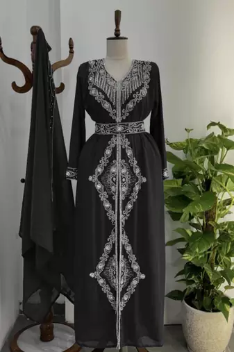  Black Silver stone and  Beads  Moroccan Kaftan With hijab 