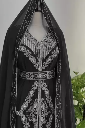  Black Silver stone and  Beads  Moroccan Kaftan With hijab 
