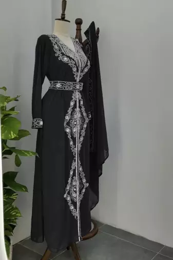  Black Silver stone and  Beads  Moroccan Kaftan With hijab 