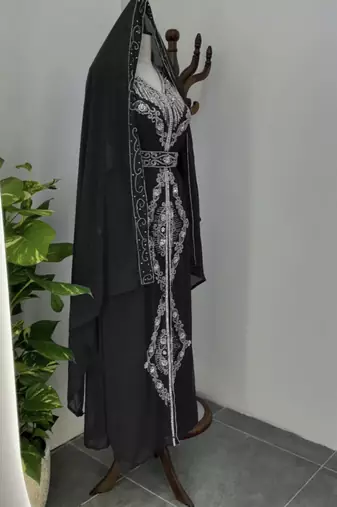  Black Silver stone and  Beads  Moroccan Kaftan With hijab 