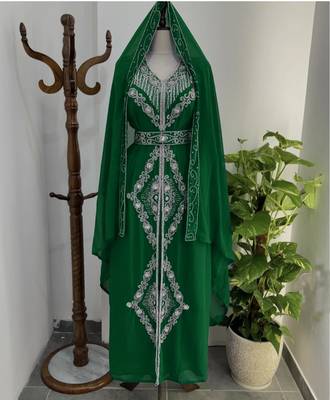 Dark Green Silver stone and  Beads  Moroccan Kaftan With hijab  1