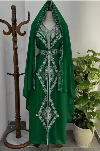 Dark Green Silver stone and  Beads  Moroccan Kaftan With hijab 
