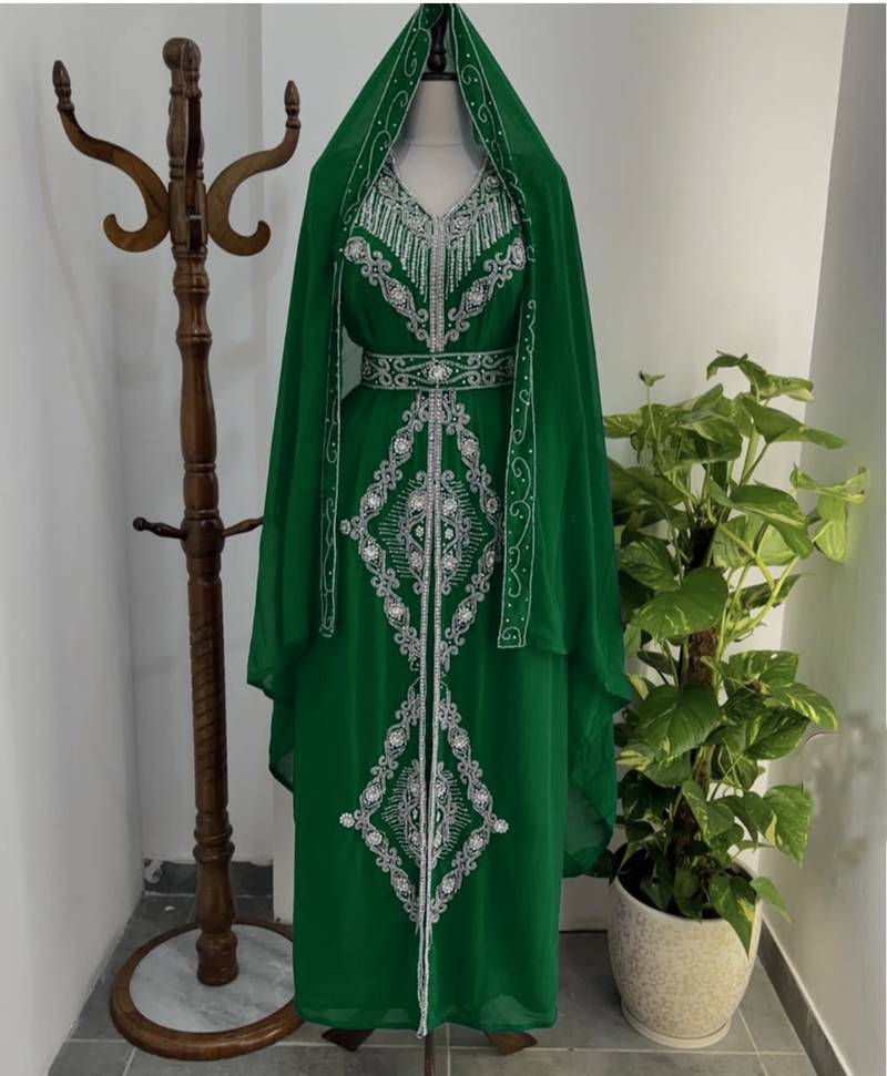 Dark Green Silver stone and  Beads  Moroccan Kaftan With hijab 