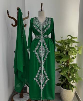 Dark Green Silver stone and  Beads  Moroccan Kaftan With hijab  2