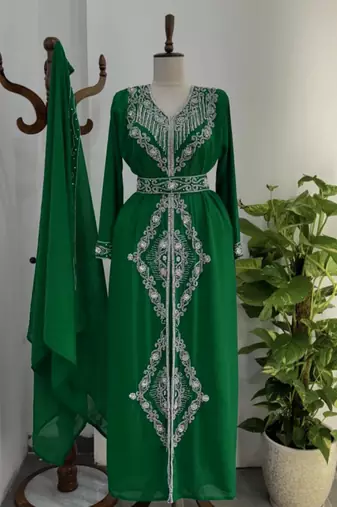 Dark Green Silver stone and  Beads  Moroccan Kaftan With hijab 
