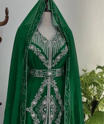 Dark Green Silver stone and  Beads  Moroccan Kaftan With hijab  3