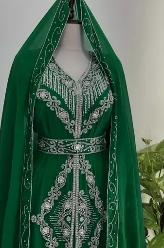 Dark Green Silver stone and  Beads  Moroccan Kaftan With hijab 