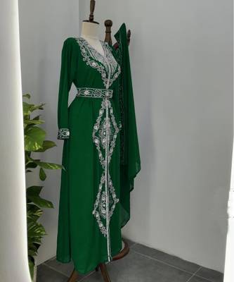 Dark Green Silver stone and  Beads  Moroccan Kaftan With hijab  4
