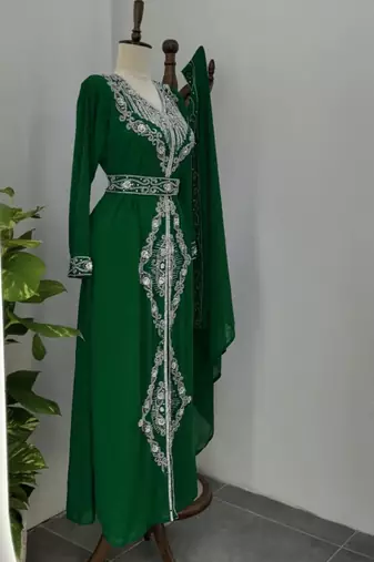 Dark Green Silver stone and  Beads  Moroccan Kaftan With hijab 