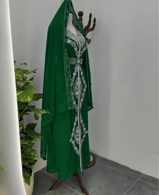 Dark Green Silver stone and  Beads  Moroccan Kaftan With hijab  5