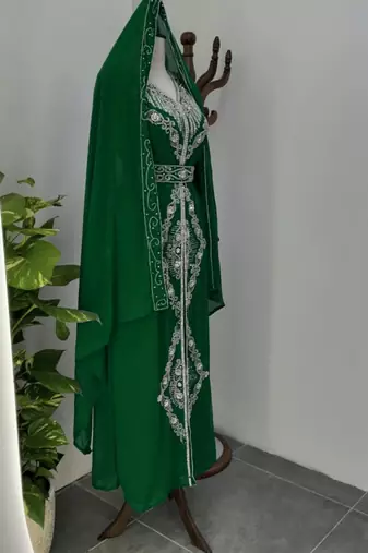 Dark Green Silver stone and  Beads  Moroccan Kaftan With hijab 