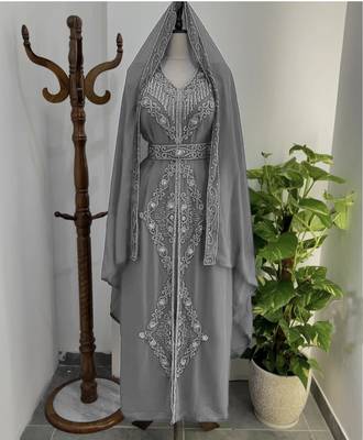 Grey Silver stone and  Beads  Moroccan Kaftan With hijab  1