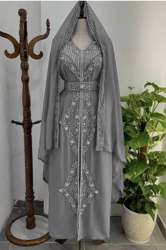Grey Silver stone and  Beads  Moroccan Kaftan With hijab 