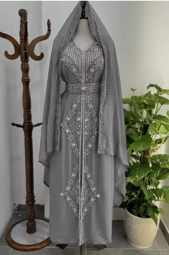 Grey Silver stone and  Beads  Moroccan Kaftan With hijab 