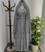 Grey Silver stone and  Beads  Moroccan Kaftan With hijab 