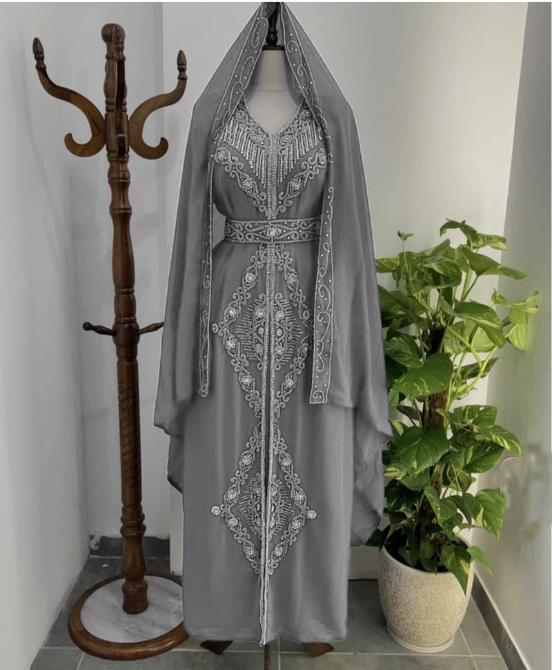 Grey Silver stone and  Beads  Moroccan Kaftan With hijab 