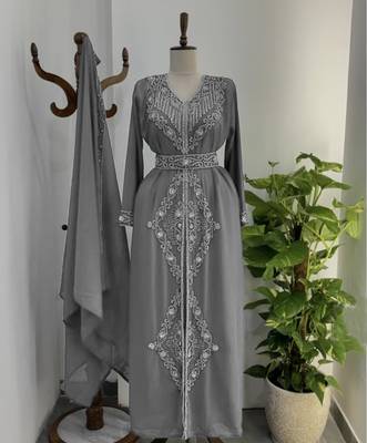 Grey Silver stone and  Beads  Moroccan Kaftan With hijab  2