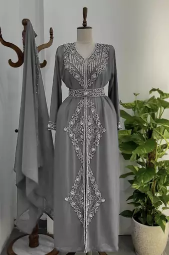 Grey Silver stone and  Beads  Moroccan Kaftan With hijab 