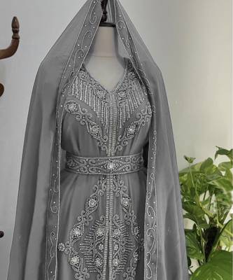 Grey Silver stone and  Beads  Moroccan Kaftan With hijab  3