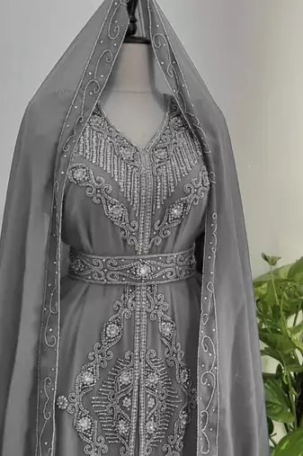 Grey Silver stone and  Beads  Moroccan Kaftan With hijab 