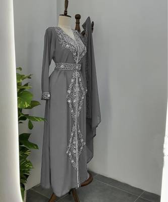 Grey Silver stone and  Beads  Moroccan Kaftan With hijab  4