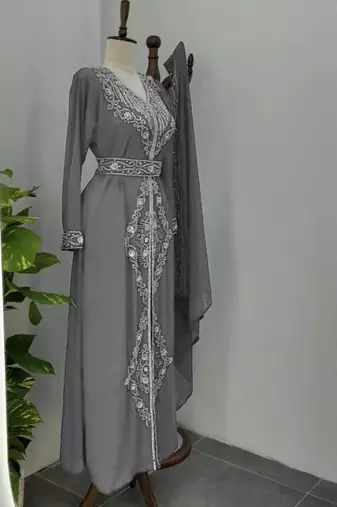 Grey Silver stone and  Beads  Moroccan Kaftan With hijab 